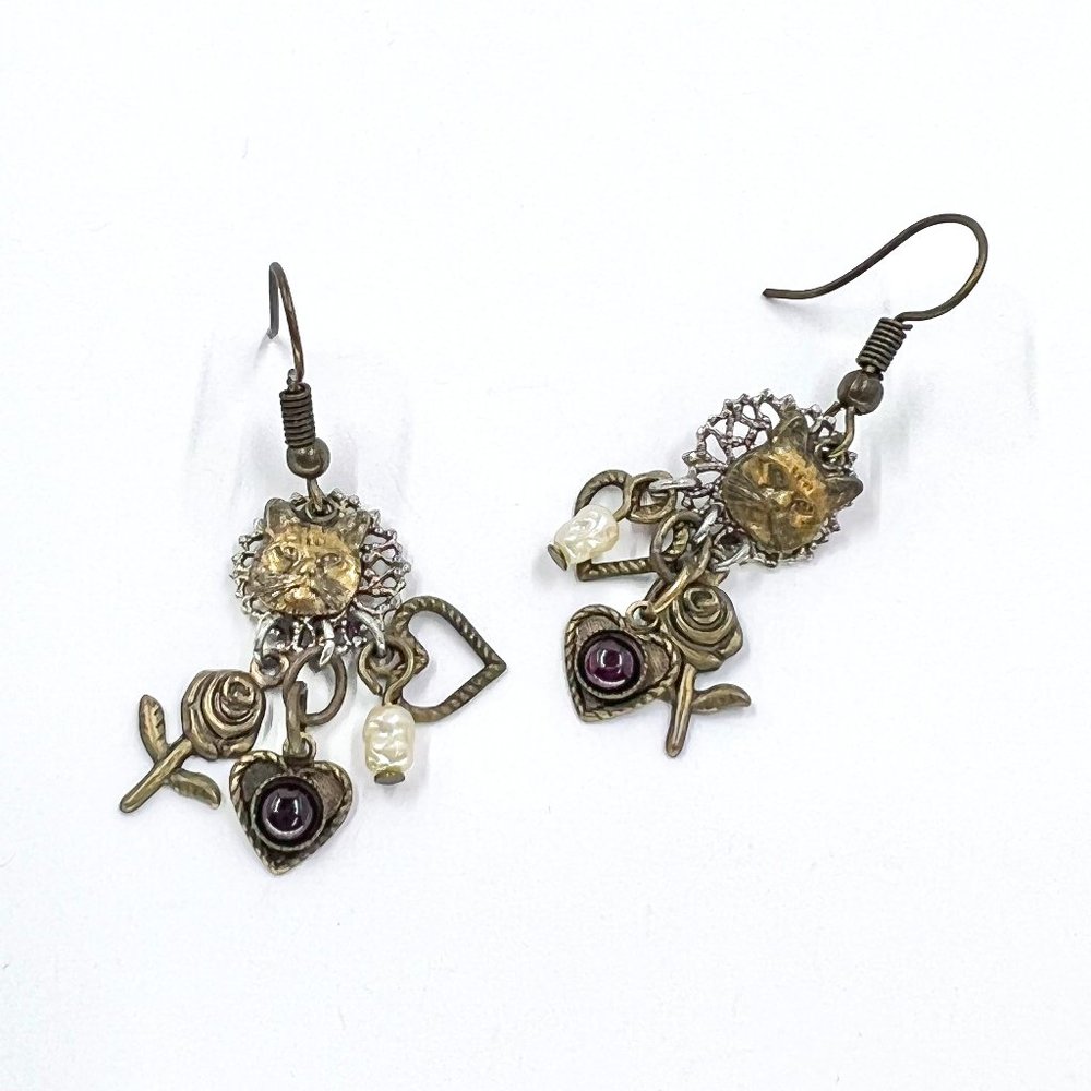 Brass Tone Cat Face & Charm Fishhook Earrings